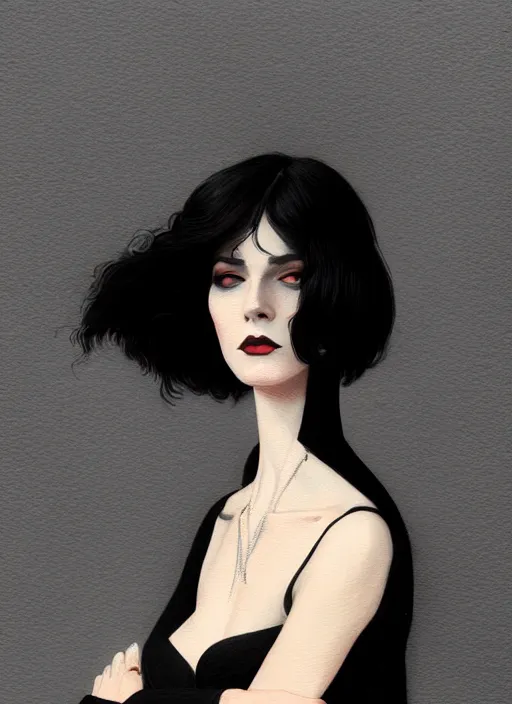 Image similar to portrait of a woman with a broad nose and a confident expression, 1 9 6 0 s, black clothes, goth, punk, funk, intricate, elegant, highly detailed, digital painting, artstation, concept art, smooth, sharp focus, illustration, art by wlop, mars ravelo and greg rutkowski