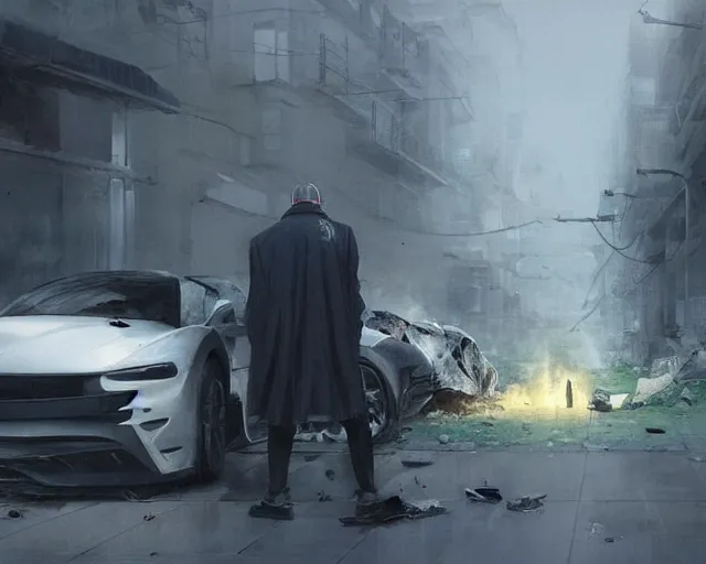 Image similar to the grim reaper standing over a 50 year old brunnette chinese man with puffy cheeks lying with closed eyes on the ground next to a white super car crash, horror scene, dramatic, anime art, Greg Rutkowski, studio ghibli, dramatic lighting