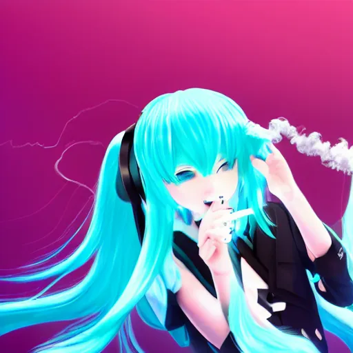 Prompt: hatsune miku smoking a vape pen, smoke coming out of her mouth, artstation, 4 k