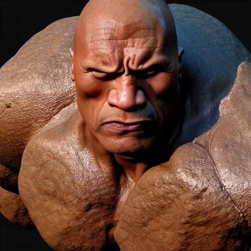 Image similar to dwayne johnson is a boulder rock made of stone, the thing from fantastic 4, octane render, 8 k cinematic still, highly detailed, sculpted in zbrush, textured in substance painter, featured on artstation