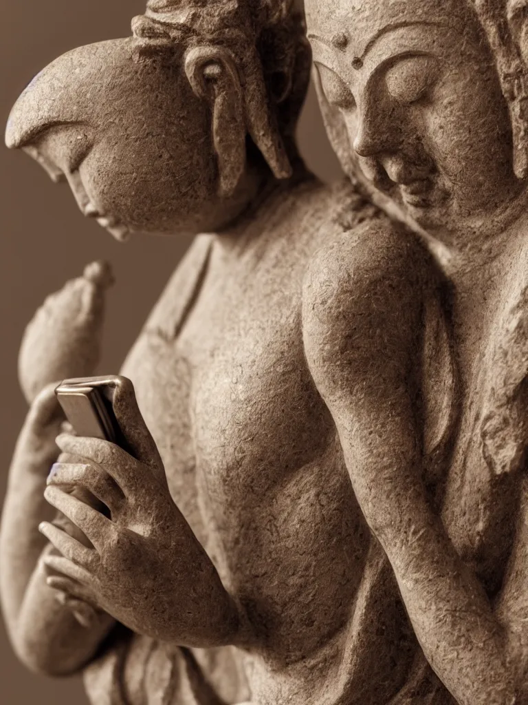 Prompt: beautiful detailed sculpture of meditating buda looking at a smartphone, in a gallery setting, influenced by greg rutkowsk. professional studio photo, full object in middle, soft lighting, centered, 1 5 0 mm lens, high definition