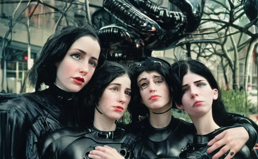 Image similar to cinestill 5 0 d photographic portrait by helen levitt of affection between two loving female cyborgs wearing black techwear in a retrofuturist garden, extreme closeup, modern cyberpunk, moody, 8 k, hd, high resolution, 3 5 mm, f / 3 2, ultra realistic faces, intricate detail, ex machina