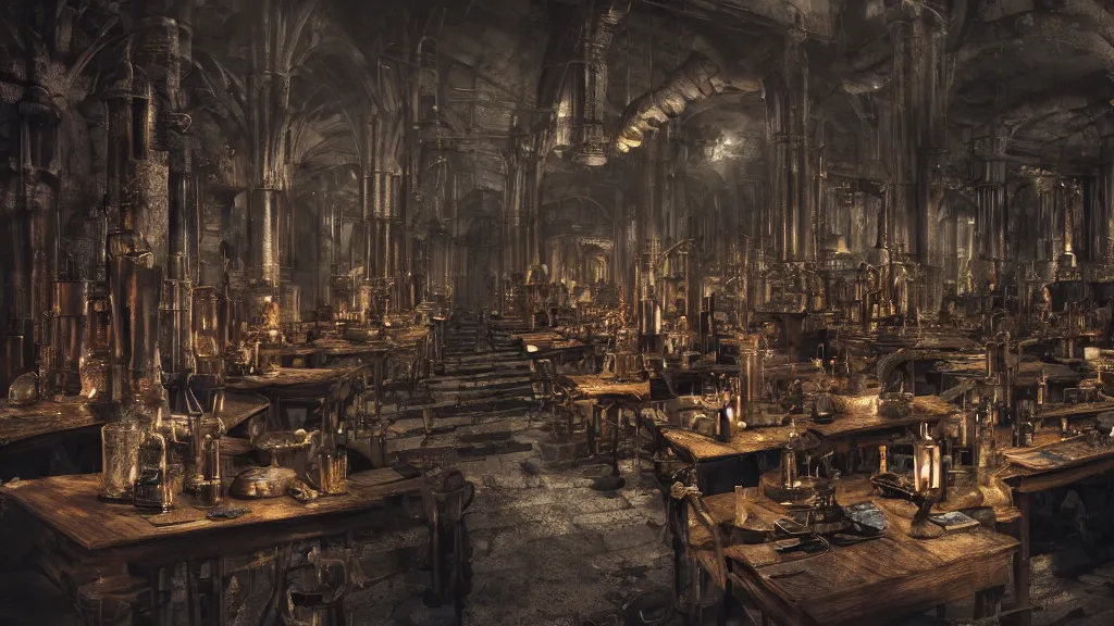 Image similar to dark wizards laboratory, ancient medieval, many tubes connecting many beakers, bronze steril feeling, realistic cinematic lighting, establishing action shot, ultra detailed, hyper realism, photo, octane render