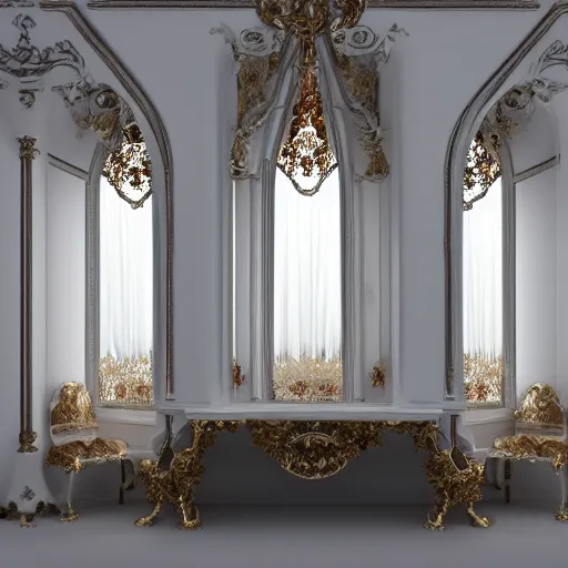 Prompt: a Gothic baroque porcelain room furnished with baroque furniture made of porcelain and white veils, explodes. trending on artstation, sensual gloomy, volumetric clouds, unreal render, depth of field