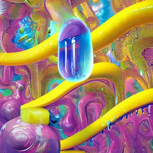 Image similar to jelly rococo gel banana bursting plasma and colorful auras, liquid, drippy, splashing, scifi 3 d paint spray by beeple, rob gonsalves, jeff koons, jacek yerka, m. c. escher