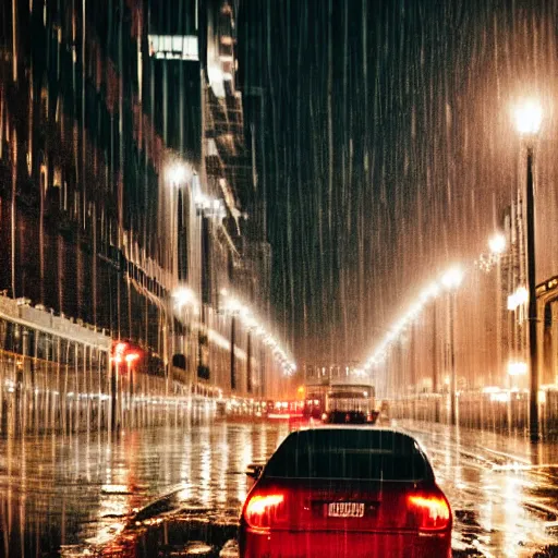 Prompt: a city street at night, raining, photograph, cars on the road,