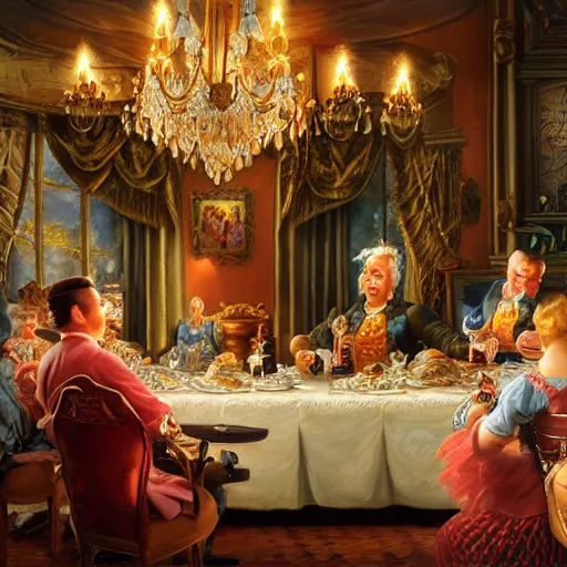 Image similar to fancy dinner with people sitting around a large dinner table, Realistic, Regal, Refined, Detailed Digital Art, Michael Cheval, Walt Disney (1937), François Boucher, Oil Painting, Steampunk, Highly Detailed, Cinematic Lighting, Unreal Engine, 8k