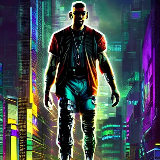 Prompt: cyberpunk will smith character art, epic background, epic composition, hdr, full body gauche painting, arcane art style