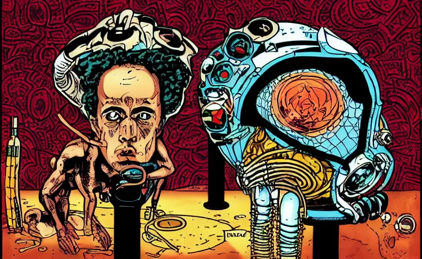Image similar to the mars volta album cover deloused in the comatorium in a comic style.