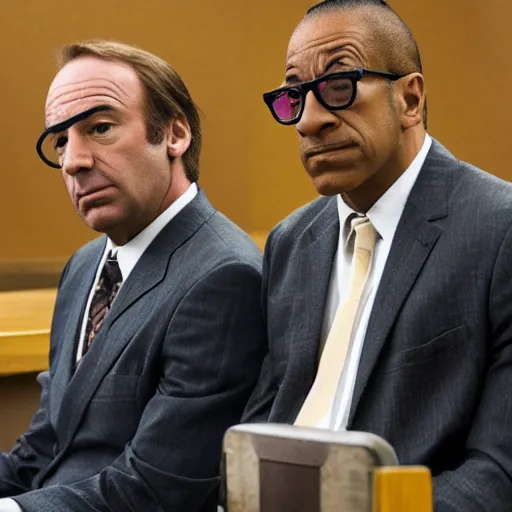 Prompt: saul goodman and gus fring sitting in a courtroom