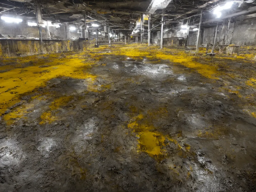 Prompt: photo of an underground waste facility, dark gloomy lighting, catwalks, yellow pools of sludge, rust