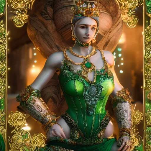 Image similar to photograph of wonderful princess with smooth fair skin, green jewelry, breathtaking, elegant, ornate, intricate, hyper detailed, accent lighting, dramatic light, 4 k octane render