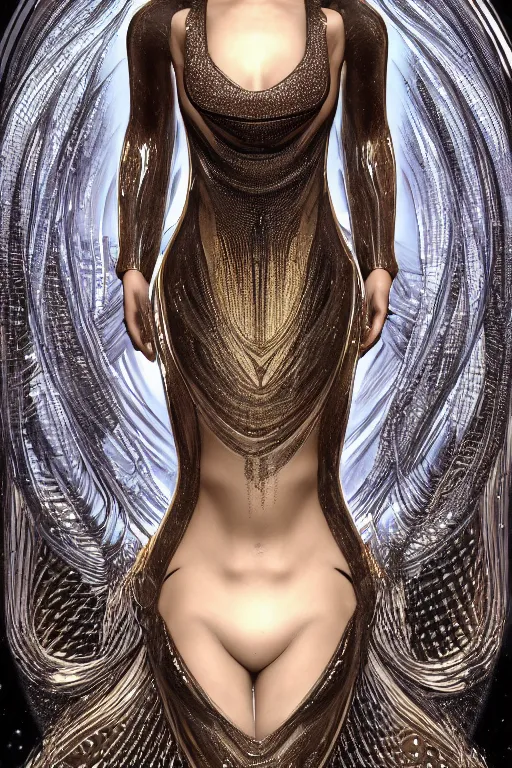 Image similar to a highly detailed portrait of a beautiful alien goddess bella hadid in iris van herpen dress in diamonds in style of alphonse mucha art nuvo trending on artstation made in unreal engine 4