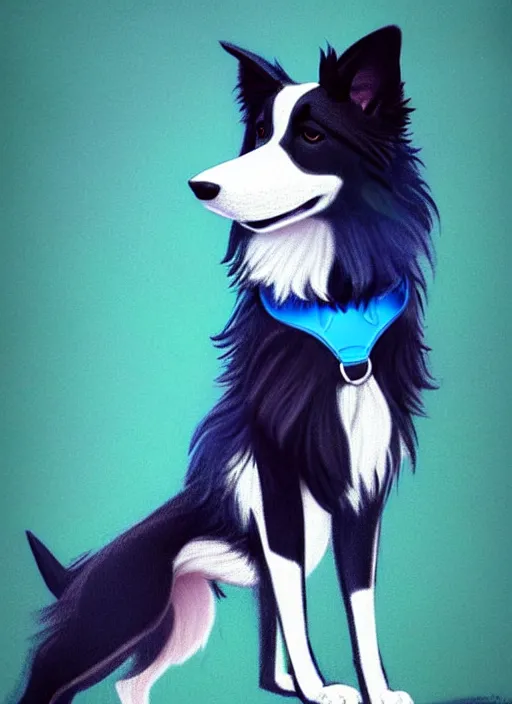 Image similar to full body portrait of a cute male anthropomorphic border collie fursona wearing a blue dog collar and standing in the rain, beautiful, model pose, realistic proportions, highly detailed, scenic background, trending on artstation, art by charlie bowater and henry asencio and and ross tran