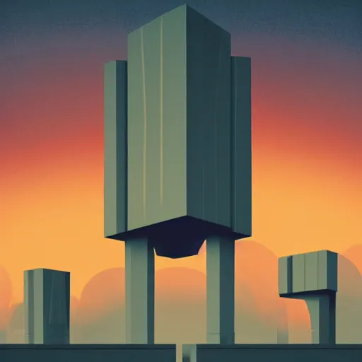 Image similar to surreal brutalism, artstation, low sunset, colorful, great composition, stylized,