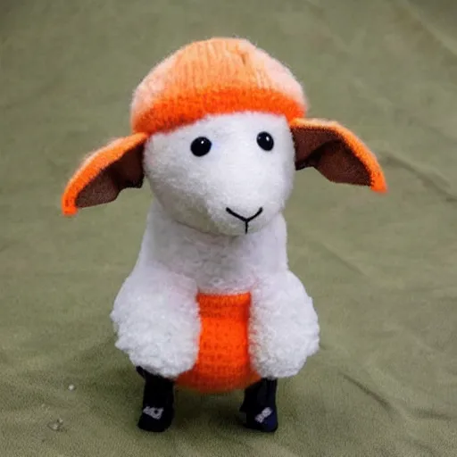 Prompt: cute sheep using orange inmate clothes