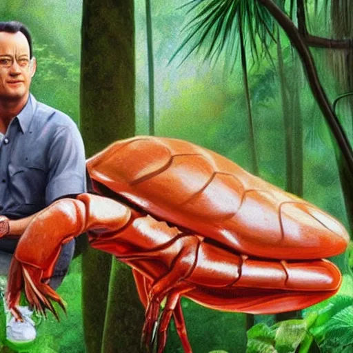 Image similar to Tom Hanks as forrest gump sitting on a giant shrimp in the jungle, realistic digital painting, photoreailstic, realistic face, amazing detail, sharp