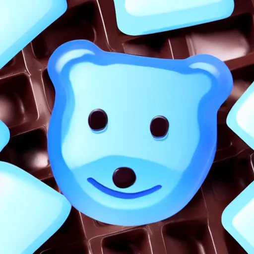 Prompt: render of blue gummy bear sitting on a chocolate bar