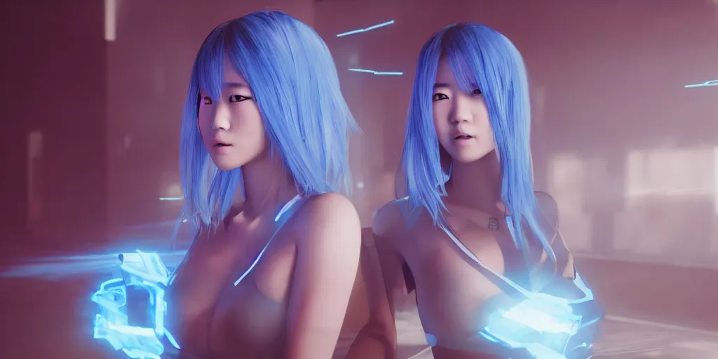 Prompt: A sexy Asian female with blue hair and glowing eyes wanders, hyperrealistic, cyber universe, glass buildings, volumetric lightning, reflections, octane render 8K