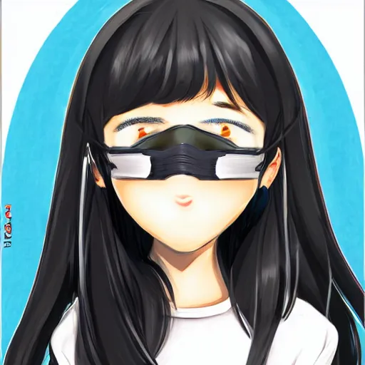 Image similar to full headshot portrait of a girl with long black hair, wearing a surgical mask, drawn by ATDAN, by Avetetsuya Studios, attractive character, colored sketch anime manga panel, trending on Pixiv