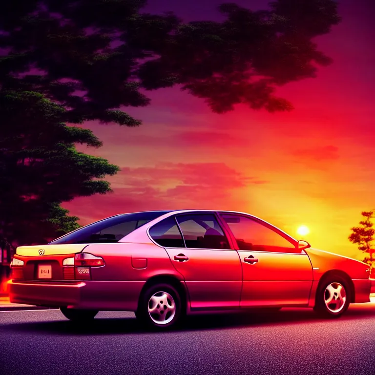 Image similar to close-up-photo 1997 TOYOTA CAMRY middle of street, sunset kanagawa prefecture, night, cinematic color, photorealistic, highly detailed,