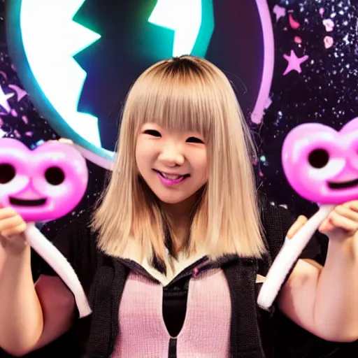 Prompt: chiaki nanami, a japanese girl with light beige hair in a bob that curls outward, a galaga hairpin, rosy cheeks, a dark turquoise hoodie, and a kind smiling face stars in her own broadway show, ultimate gamer, chiaki nanami from danganronpa, proshot getty images fullbody stage lights, gamer themed, professional photography