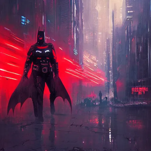 Prompt: cyberpunk batman, red symbol, futuristic, brush strokes, oil painting, city background, greg rutkowski