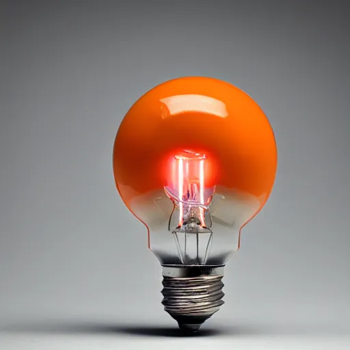 Image similar to a battery made from an orange, powering a lightbulb, photograph by caleb charland