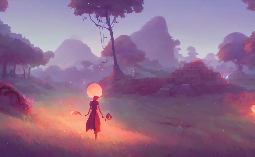 Prompt: fantasy field with the remains of ancient temples, cory loftis, james gilleard, atey ghailan, makoto shinkai, goro fujita, studio ghibli, rim light, exquisite lighting, clear focus, very coherent, plain background, soft painting