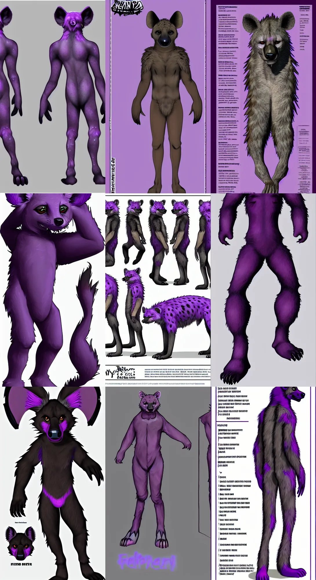 Prompt: a full - body centered front - perspective furry reference sheet, a male hyena fursona, ultradetailed, purple and black color scheme, trending on weasyl, high - resolution, photorealistic