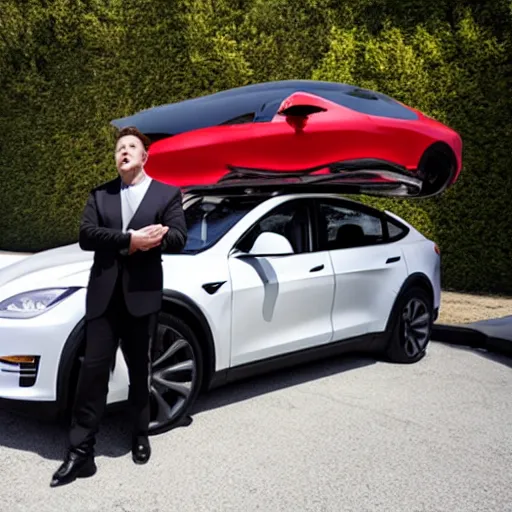 Prompt: Elon Musk stands on a car