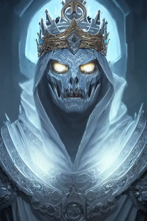 Image similar to highly detailed portrait of an elegant undead lich king, ornate crown, beautiful symmetrical face, glowing skin, digital painting, artstation, concept art, smooth, clear focus, illustration, greg rutkowski, artgerm, global lighting, detailed and fantasy