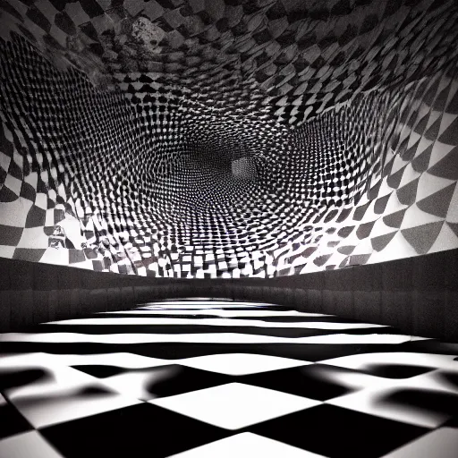 Image similar to nightcafe in hell, spiraling high, checkerboard walls, jonic pillars, hyperrealistic