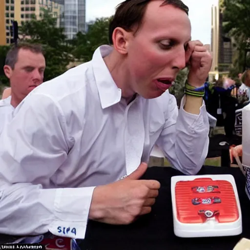 Prompt: joey chestnut eats 6 5 staplers in under ten minutes to win an eating competition, jesus christ looking on approvingly