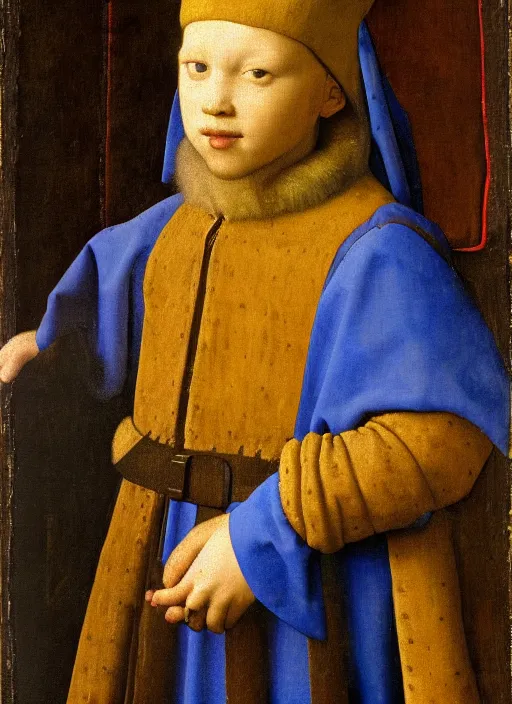 Image similar to portrait of a young king, medieval painting by Jan van Eyck, Johannes Vermeer, Florence