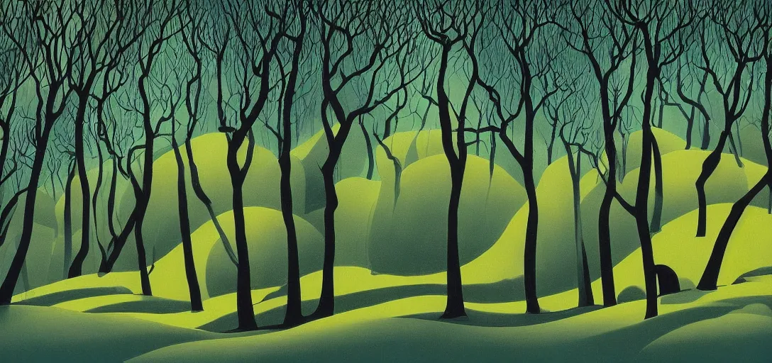 Image similar to a forested landscape by eyvind earle