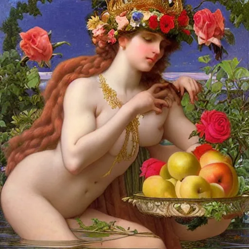Image similar to beautiful oil painting of the goddess Aphrodite hugging a swan, ornate golden halo around her head, colourful apples, roses, and plants, golden ratio, by John William Godward and Anna Dittman and Alphonse Mucha, H 640