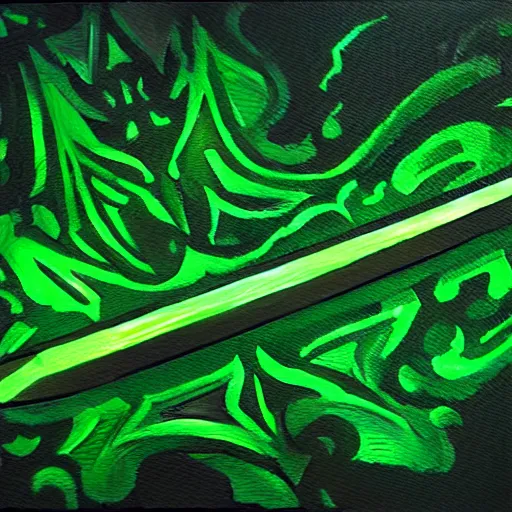 Image similar to Oil painting concept art of a magical acid sword glowing bright green, very intricate hilt, green color scheme, highly detailed concept art.