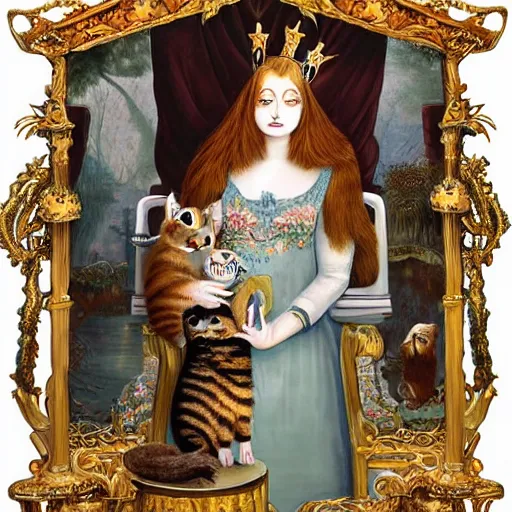 Prompt: a stunning hyper-detailed painting by Bosch of a slender beautiful woman with straight long ginger hair and bangs, wearing a luxurious silk robe and retro eyeglasses and a jeweled gold crown, posing with her large ginger tabby cat and raccoon and parrots on an elaborate throne in her high-ceiling Victorian living room, holding a porcelain parrot-shaped coffee mug and a donut, perfect eyes, fashion photography, dramatic cinematic lighting, octane render, IBEX Masters, unreal engine, 85 mm lens, paisley wallpaper