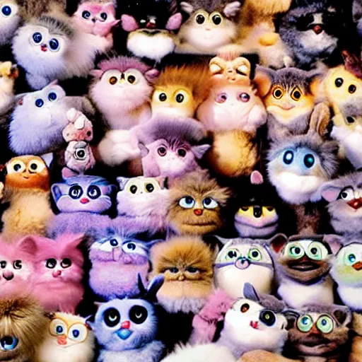 Prompt: Found footage of a room full of furbies staring at the camera. Some of them lack fur and are malfunctioning