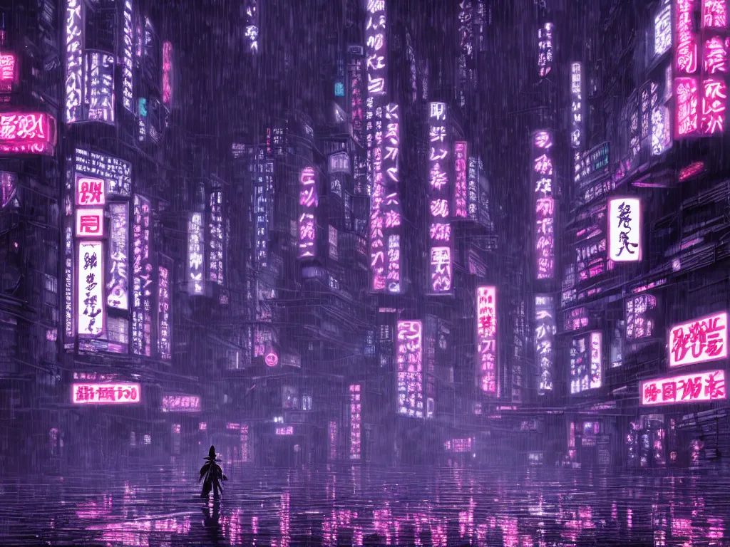 Prompt: high detailed lone samurai in a cyberpunk rainy city at night by Kentaro Miura, purple and pink and blue neons, unreal engine, high quality, 4K, UHD, trending on ArtStation, wires, blade runner vibes, ghost in the shell, akira, dorohedoro