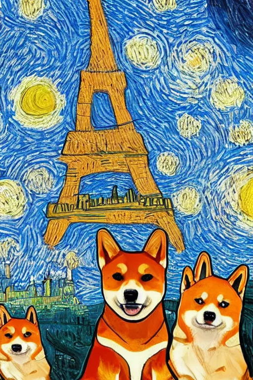 Prompt: a portrait of a shiba inu dinner date, in paris, france, with the eiffel tower in the background, in the style of van gogh and studio ghibli, artistic