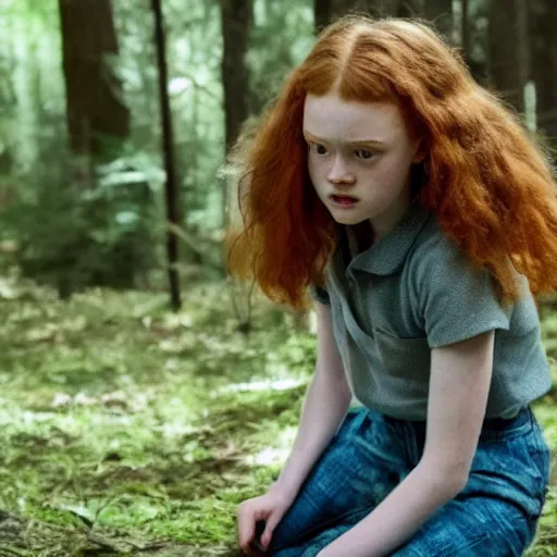 Prompt: Sadie Sink (Maxine Mayfield) from Stranger Things kneeling in a forest looking straight ahead, hq, coloured hq