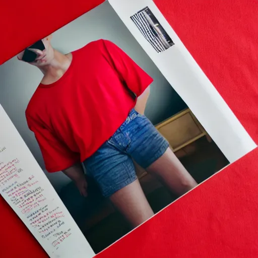Prompt: photorealistic photo of a red t - shirt laying on a bed, displayed, magazine photo