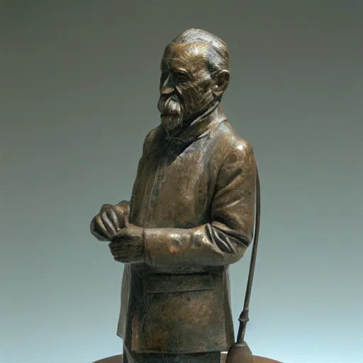 Prompt: patina bronze sculpture, old man with cane, in museum, soft light, kodak gold 2 0 0,