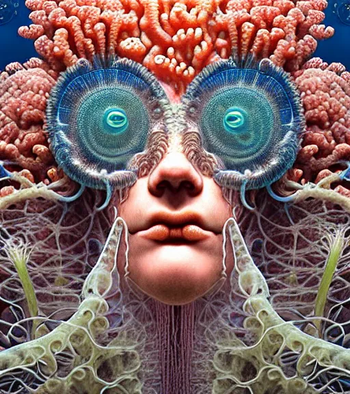 Image similar to hyperrealistic detailed underwater face portrait of the beautiful god of the jellyfish with an intricate headgear of corals, sea kelp, sea plants, fish, starfish, jellyfish, art by ernst haeckel, victor ngai, john william godward, android jones, neo - gothic - cyberpunk, ornamental, beautiful deep colours,