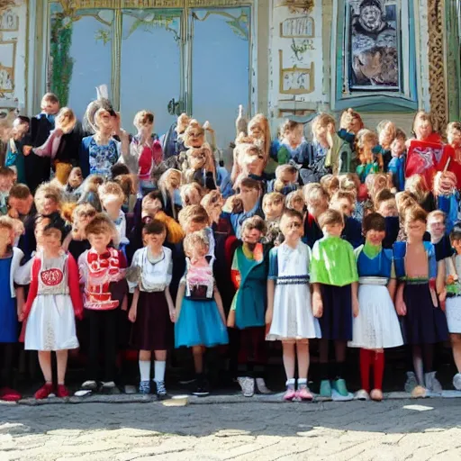 Prompt: international cultural cooperation between german and russian schoolchildren, beautiful, more details