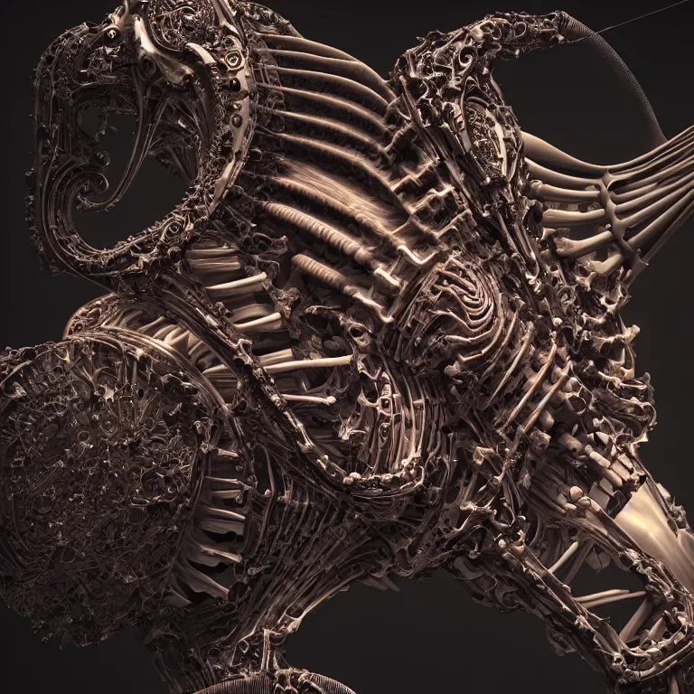 Prompt: biomechanical surreal ribbed spinal dark supercar, concept art, baroque painting, beautiful detailed intricate insanely detailed octane render, 8K artistic photography, photorealistic, chiaroscuro, Raphael, Caravaggio, lit by pastel neon lights
