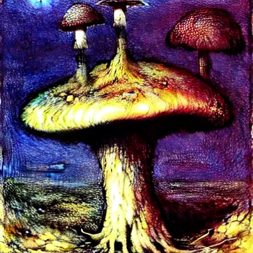 Image similar to strange mushroom by beksinski, luis royo and arthur rackham