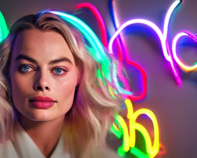 Image similar to margot robbie as neon led art, hyper detailed, award winning